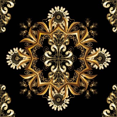 Tasarım şablonunun çizgi sanat sorunsuz kenarlık. Siyah, kahverengi ve bej renkler altın öğesinde. Altın anahat çiçek dekor. Doğu stil öğesi. Vektör çizim davetiyeler, kartları, web sayfası için.