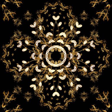 Siyah, kahverengi ve sarı renkleri altın elemanları ile sorunsuz vintage desen. Noel, kar tanesi, yeni yıl 2019.