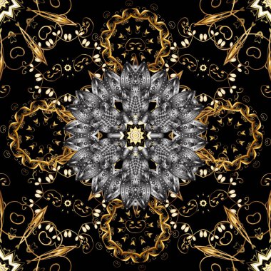 Kına dövme, altın çıkartmalar, tasarım, mehndi ve yoga ile süs çiçek öğeleri kartları ve yazdırır. Siyah, gri ve kahverengi renk desen. Vektör altın mehndi seamless modeli.