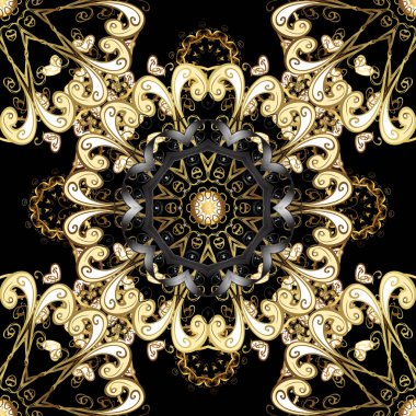 Noel, kar tanesi, yeni yıl. Siyah, bej ve kahverengi renkleri altın elemanları ile altın seamless modeli. Siyah, bej ve kahverengi renkleri altın elemanları ile sorunsuz vintage desen.