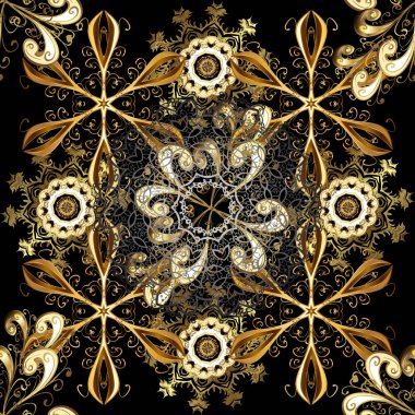 Siyah, kahverengi ve bej renkler üzerinde klasik oryantal desen. Damasko sorunsuz süsleme. Geleneksel vektör ve altın desen.