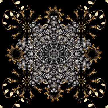 Siyah, gri ve kahverengi renkleri altın elemanları ile altın izi. Klasik vektör altın Dikişsiz desen. Klasik vintage arka plan. Geleneksel şark süsleme.