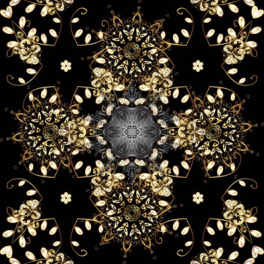 Siyah, kahverengi ve bej renkler altın elemanları ile Vintage seamless modeli. Noel 2019, kar tanesi, yeni yıl.