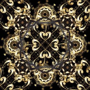 Düz el vintage koleksiyonu çekilmiş. Zemin, kumaş, altın duvar kağıdı. Siyah, kahverengi ve bej renkler altın elemanları ile altın izi. Vektör altın seamless modeli.