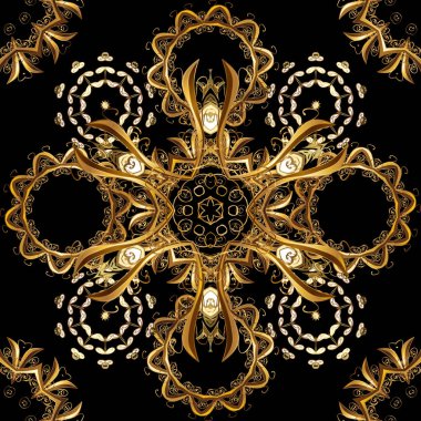 Vektör çizim. Şam altın soyut çiçek seamless modeli siyah, kahverengi ve sarı renkler. Süslü dekorasyon.