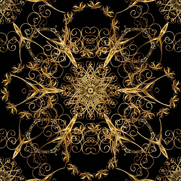 Vektorillustration Damast Gold Abstrakte Blüten Nahtlose Muster Auf Schwarzen Braunen — Stockvektor