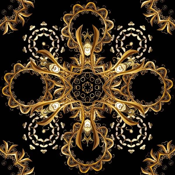 Vektorillustration Damast Gold Abstrakte Blüten Nahtlose Muster Auf Schwarzen Braunen — Stockvektor