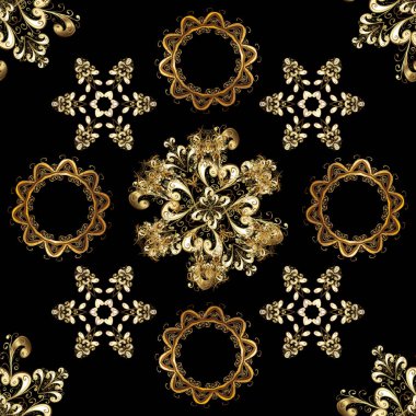 Siyah, kahverengi ve bej renkler altın elemanları ile Dikişsiz vintage desen. Noel, kar tanesi, yeni yıl 2019.