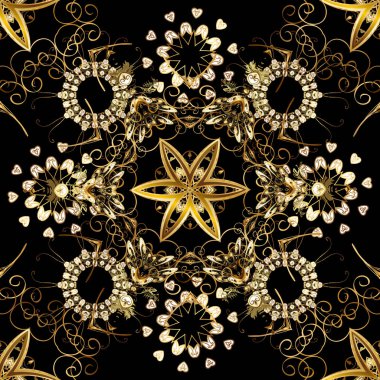 Siyah, kahverengi ve bej renkler üzerinde klasik oryantal desen. Damasko sorunsuz süsleme. Geleneksel vektör ve altın desen.