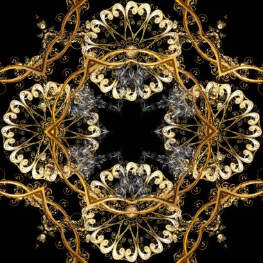 Siyah, kahverengi ve bej renkler altın elemanları ile altın izi. Zemin, kumaş, altın duvar kağıdı. Vektör altın seamless modeli. Vintage koleksiyonu düz el çekilmiş.