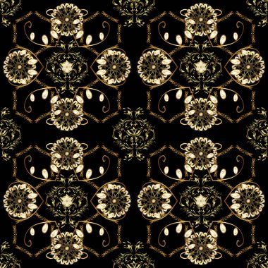 Damasko sorunsuz yinelenen desen. Altın çiçek süsleme barok tarzı. Antika altın yinelenebilir duvar kağıdı. Siyah, kahverengi ve bej renkler altın öğesi.
