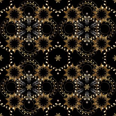 Klasik vektör altın seamless modeli. Çiçek süsleme brokar Tekstil desen, cam, metal ile çiçek desenli siyah, kahverengi ve bej renkler altın elemanları ile.