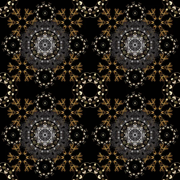 バロック様式のスタイルでシームレスな東洋の飾り 黄金の要素と黒 灰色および茶色色の伝統的な古典的な黄金のベクトル パターン — ストックベクタ