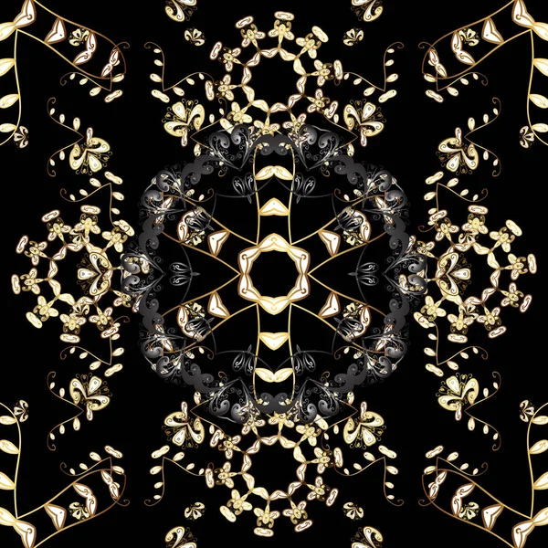 黄金の要素と黒 灰色および茶色色のビンテージのシームレスなパターン ベクトル図 — ストックベクタ