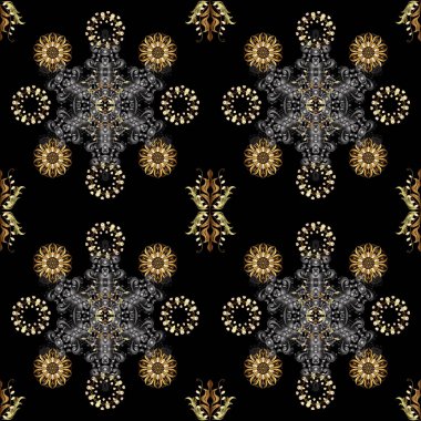 Siyah, gri ve bej renkler üzerinde klasik oryantal desen. Damasko sorunsuz süsleme. Geleneksel vektör ve altın desen.