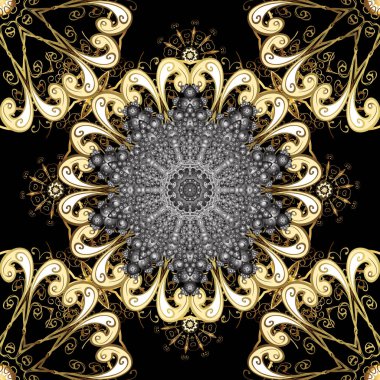 Vektör soyut çiçek çelenk altın doodle fantezi yaprak ve çiçek bir siyah, gri ve bej renkler. El çekilmiş dekoratif çerçeve, albüm kapağı, tebrik kartı, vintage Art deco tarzında.