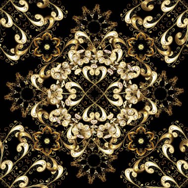 Sorunsuz altın dokulu bukleler. Dikişsiz desen siyah, kahverengi ve bej renkler. Vektör altın seamless modeli. Oryantal tarzı arabesk altın öğeleri.