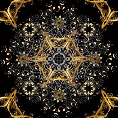 Siyah, gri ve kahverengi renkleri altın elemanları ile altın izi. Düz el vintage koleksiyonu çekilmiş. Zemin, kumaş, altın duvar kağıdı. Vektör altın seamless modeli.