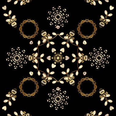 Dekoratif simetri arabesk. Vektör çizim. Doğum günü, davet veya afiş için tebrik kartı için iyi. Dikişsiz Ortaçağ çiçek Kraliyet desen. Siyah, kahverengi ve sarı renkleri altın.