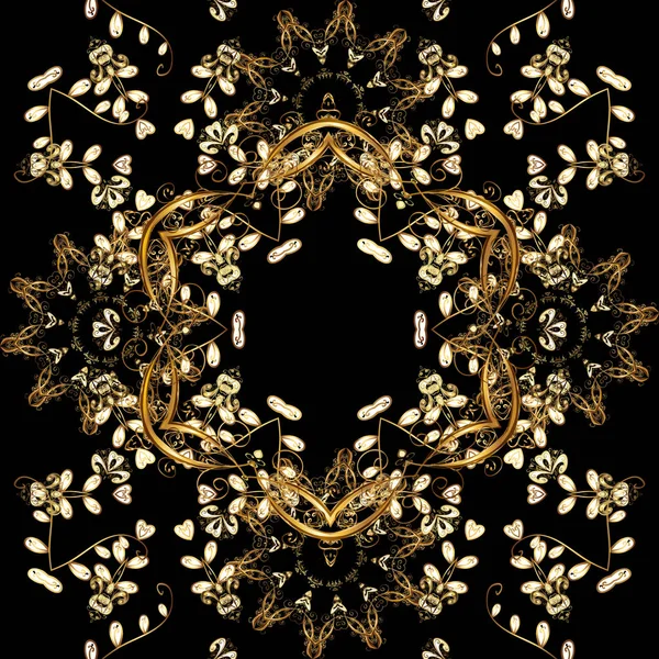 Χρυσό Μεταλλικό Λουλουδάτο Μοτίβο Μαύρο Καφέ Και Μπεζ Χρώματα Χρυσά — Διανυσματικό Αρχείο