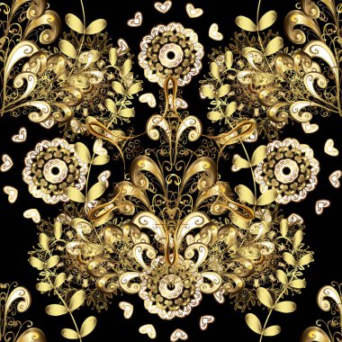 Sorunsuz vektör arka plan. Çiçek desenli. Şık grafik desen. Duvar kağıdı Barok, Şam. Siyah, kahverengi ve sarı renkleri altın öğelerinde.