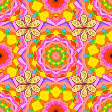 Sorunsuz çiçek deseni. Asya Tekstil tarzında. Turuncu, sarı ve pembe renklerde çiçekler. Vektör çizim. Vektör çizim.