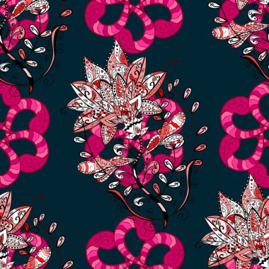 Mavi, macenta ve siyah renk çiçekler. Vektör çizim. Sorunsuz. Sevimli çiçek öğeleri.