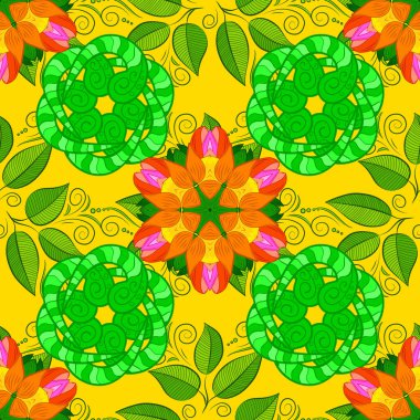 Çiçekler ile Seamless modeli. Sulu boya resim. Elle çizilmiş. Yeşil, sarı ve turuncu renklerde çiçekler.