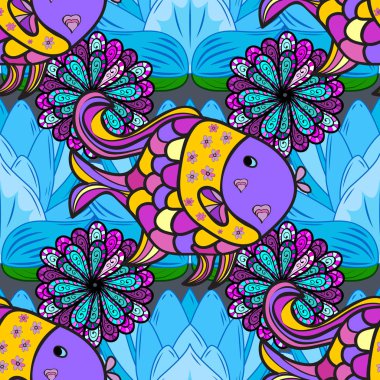 Doodle vektör çizim. Vektör çizim. Çizgi film resif balıkları sorunsuz topluluğu. Tropikal balık mavi, mor ve siyah renkler.