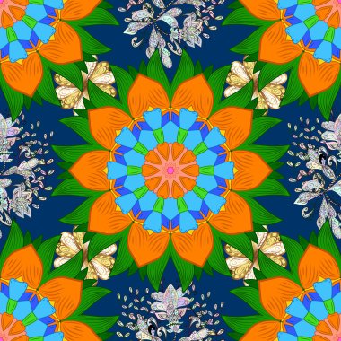 Vintage anahat illüstrasyon. Çiçek mavi, turuncu ve yeşil seamless modeli. Vektör çiçek yazdırma.