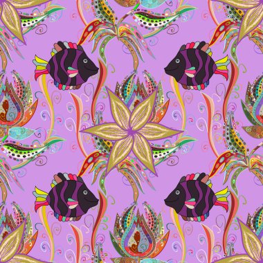 Bağımsız, sarı ve mor üzerinde farklı bir tropikal balık ile Seamless şirin modeli. Vektör çizim.