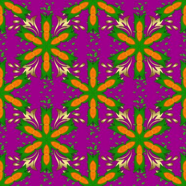 Mor, yeşil ve turuncu renkler. Sorunsuz geçmiş dekoratif çiçek mandala. Vektör çizim. Çiçek.