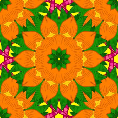 Sorunsuz çiçek desenli vektör çizim içinde. Turuncu, yeşil ve sarı renkler suluboya tarzında çiçekler.