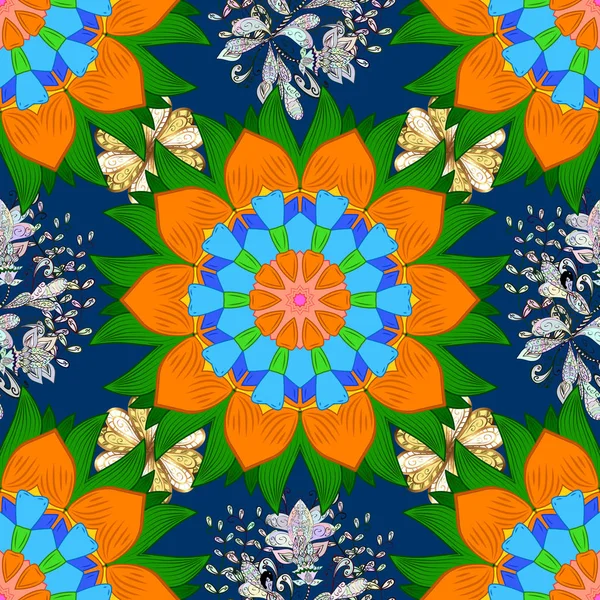 Desenho Vintage Ilustração Floral Azul Laranja Verde Sem Costura Padrão — Vetor de Stock