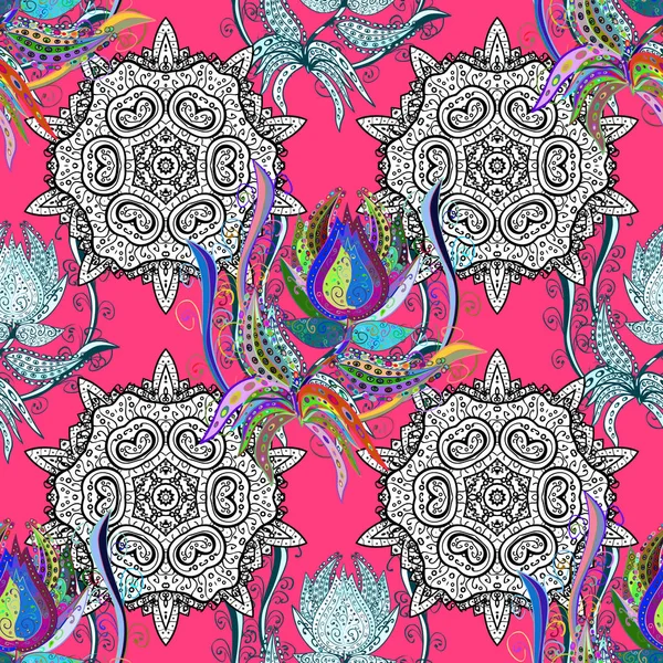 Bordado Colorido Patrón Floral Sin Costuras Con Amapolas Lirios Del — Archivo Imágenes Vectoriales