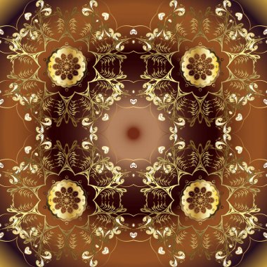 Vektör çizim. Dekoratif simetri arabesk. Süs Ortaçağ çiçek Kraliyet desenli. Doğum günü, davet veya afiş için tebrik kartı için iyi. Altın kahverengi, bej ve sarı renkler.