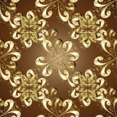 Klasik vintage arka plan. Klasik vektör altın süs desen. Kahverengi, bej ve sarı renkleri altın elemanları ile dekoratif desen. Geleneksel şark süsleme.