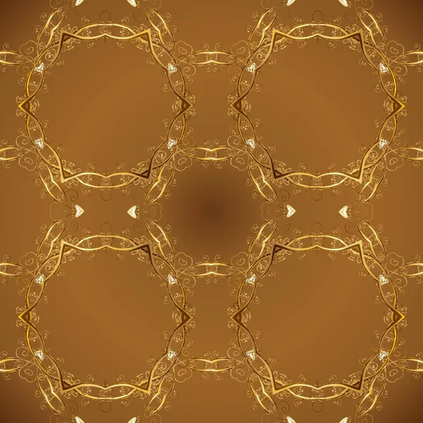 达姆斯克装饰图案的设计 在棕色 黄色和米色颜色的向量装饰样式与金黄元素 — 图库矢量图片