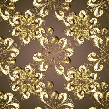 Düz el vintage koleksiyonu çekilmiş. Zemin, kumaş, altın duvar kağıdı. Vektör altın seamless modeli. Kahverengi, bej ve sarı renkleri altın elemanları ile altın desen.