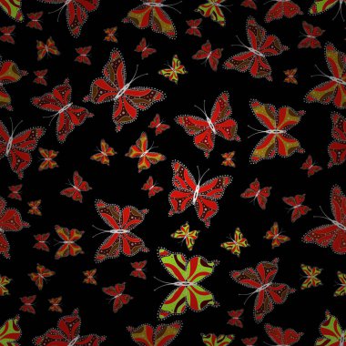 Moda kumaş tasarımı. Siyah, kırmızı ve kahverengi renkleri resimlerde. Vektör. Şirin kelebek güzel seamless modeli. Resimde çizilmiş.