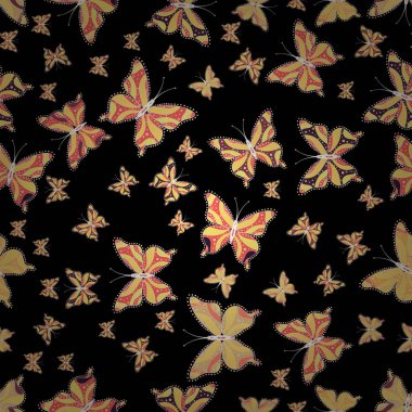 Fantezi şirin illüstrasyon. Siyah, sarı ve pembe arka plan üzerine suluboya kelebekler. Vektör çizim. Erkek, kız, elbise, duvar kağıdı için soyut seamless modeli.