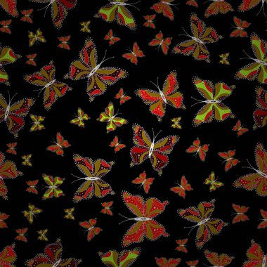 Moda güzel kumaş tasarımı. Siyah, kahverengi ve kırmızı renkler hayal et. Vektör çizim. Dekoratif elle çizilmiş kelebekler.