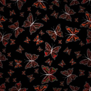Bahar kelebek şirin tema. Siyah, kahverengi ve kırmızı kurutma kağıdı ile oldukça sorunsuz kelebek bez doku. Vektör çizim. Yinelenen böcek kumaş sanat duvar kağıdı için.