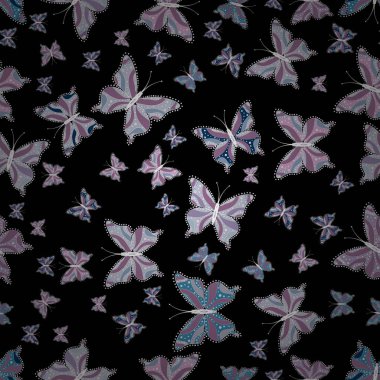 Kumaş, kağıt, sarmalayıcıları ve duvar kağıdı tasarımı için mükemmel arka plan. Vektör çizim. Siyah, mor ve gri kelebekler. Egzotik hayvanlar. Sorunsuz.