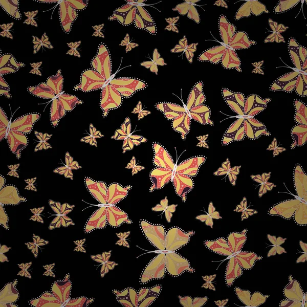 Fantezi şirin illüstrasyon. Siyah, sarı ve pembe arka plan üzerine suluboya kelebekler. Vektör çizim. Erkek, kız, elbise, duvar kağıdı için soyut seamless modeli.