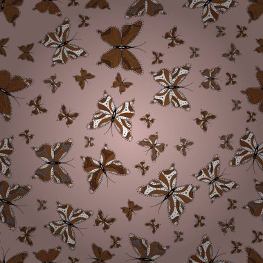 Moda şirin kumaş tasarımı. Tarafsız, kahverengi ve beyaz renkleri çizimde. Fantezi illüstrasyon. Vektör çizim. Güzel moda model kelebekler ile.