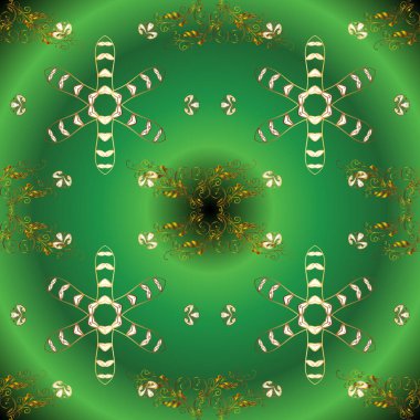 Seamless altın modeli. Vektör şark süsleme. Yeşil, kahverengi ve beyaz renkler altın elemanları ile Seamless modeli.