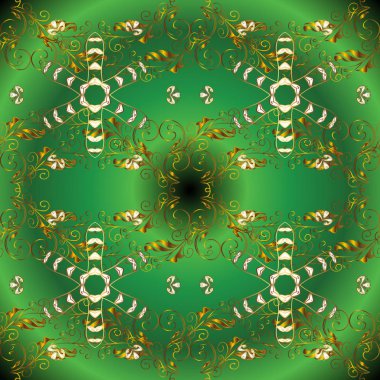 Noel, kar tanesi, yeni yıl. Yeşil, kahverengi ve sarı renkler altın elemanları ile altın seamless modeli. Yeşil, kahverengi ve sarı renkleri altın elemanları ile sorunsuz vintage desen.