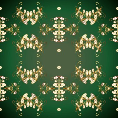 Kına dövme, altın çıkartmalar, tasarım, mehndi ve yoga ile süs çiçek öğeleri kartları ve yazdırır. Yeşil, mavi ve kahverengi renk desen. Vektör altın mehndi seamless modeli.