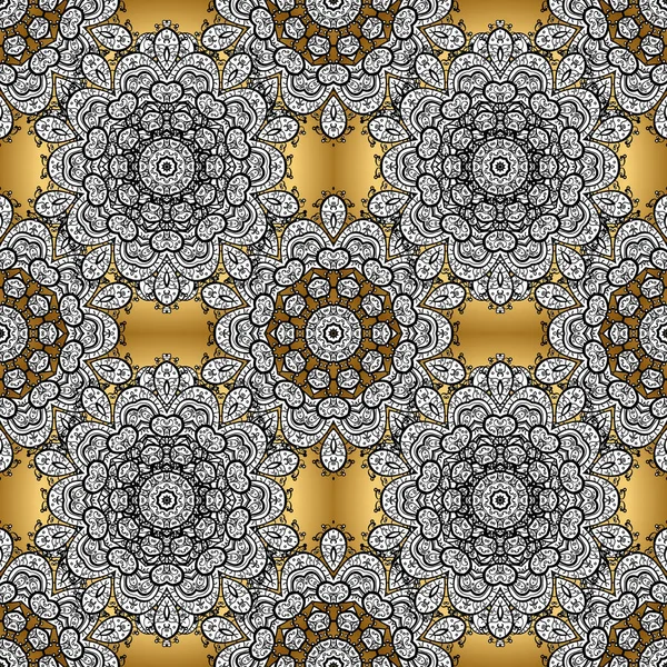 Çiçek süsleme brokar Tekstil desen, cam, metal altın elemanları ile beyaz, siyah ve sarı renkler üzerinde çiçek desenli. Klasik vektör altın süs desen.